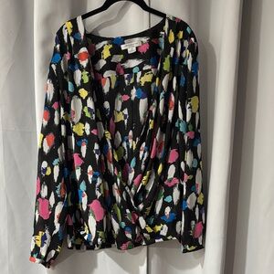 Liz Claiborne Black Multicolor Brushstroke Wrap Blouse